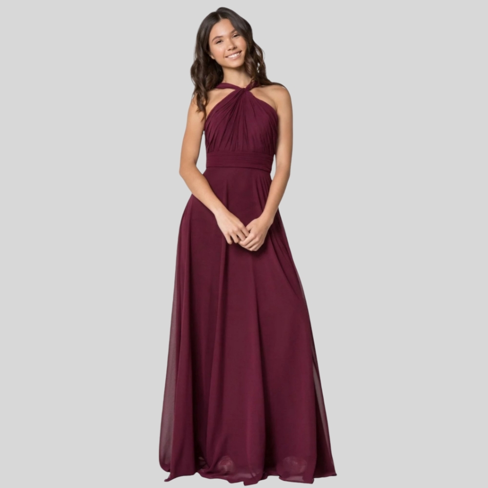David's Bridal Halter Chiffon Formal Long Dress - Size: 14 Color: Wine